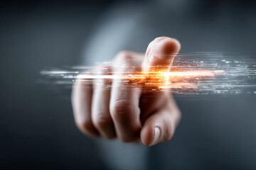 Human Hand Swiping Up Through Glowing Digital Interface Lines in Modern Minimal Studio