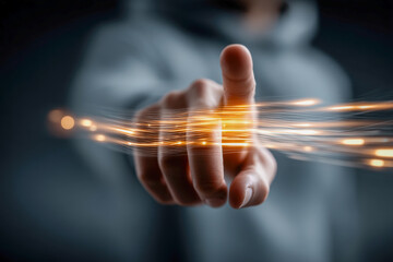 Hand gesture swiping upward through glowing digital lines in minimalist studio scene