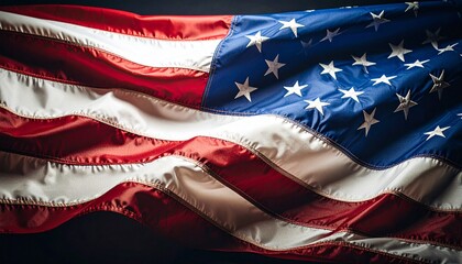 Flag of the United States with blue field of stars and red-white stripes in textured close-up view