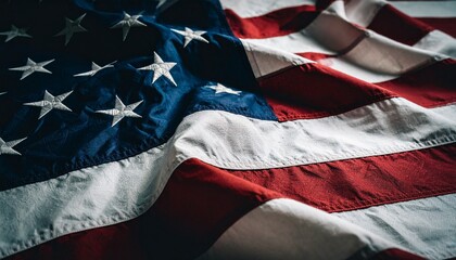 Flag of the United States with blue field of stars and red-white stripes in textured close-up view
