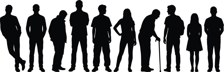 Collection of diverse people silhouettes in casual clothing and poses, featuring a man with a cane on white background.