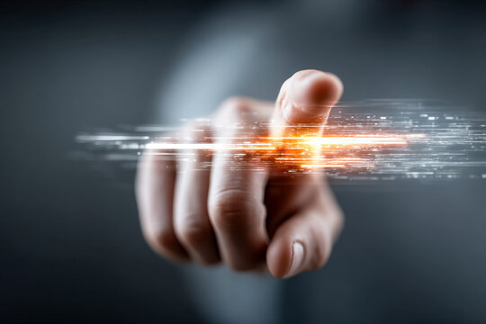 Human Hand Swiping Up Through Glowing Digital Interface Lines in Modern Minimal Studio