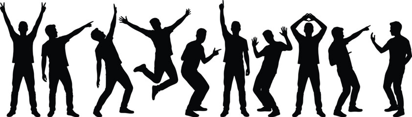 Set of Diverse People Silhouettes Featuring Men and Women in Various Standing, Waving, Jumping, and Expressive Poses, Isolated on White for Community Design,