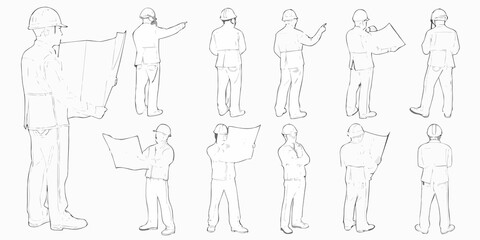 Line art depiction of construction workers in various poses with hard hats