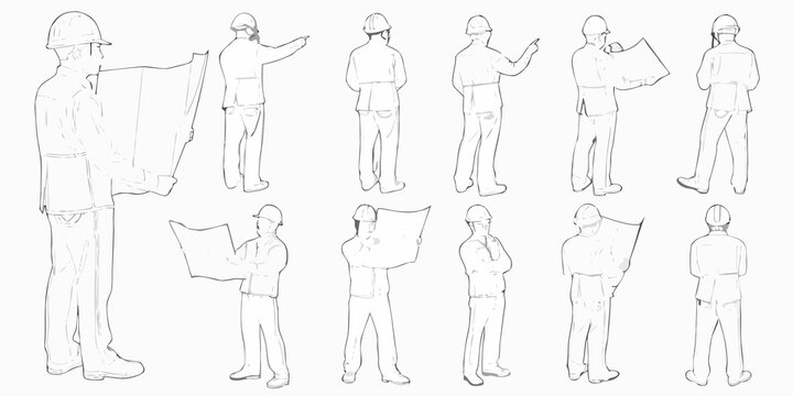 Line art depiction of construction workers in various poses with hard hats - Powered by Adobe