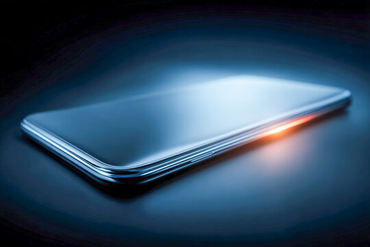 Hand holding face-down smartphone with glowing edge, contactless payment concept on dark - Powered by Adobe