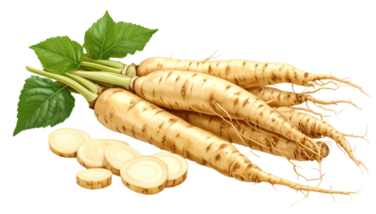 Close-up studio shot of a harvested root vegetable, some whole, others sliced, with vibrant green leaves and roots