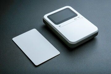 Top-down flatlay of card reader and blank card on dark matte surface with space for text