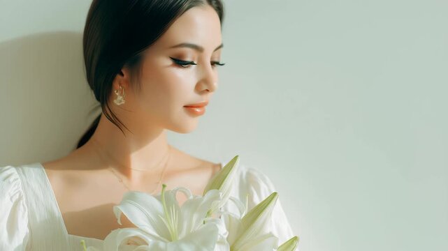 白い百合を手に持つ日本人女性の清楚なスタジオ肖像