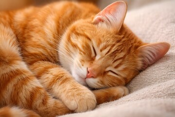 A beautiful ginger tabby cat enjoys a peaceful and deep sleep on a cozy blanket