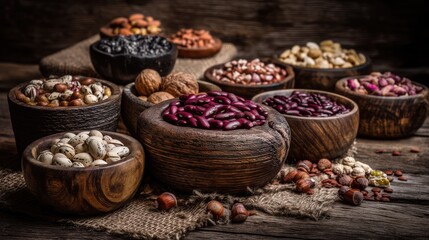 Assortment of Colorful Dried Legumes and Beans in Wooden Bowls on Rustic Wooden Table