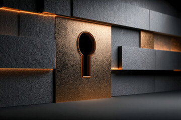 Graphite panel fintech background with gold seams forming vault outline, secure design