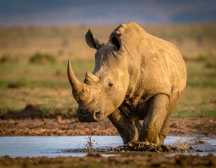 Large rhino wading in muddy water, splashes as it moves