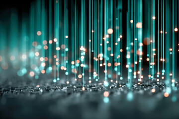 Dark abstract background with teal wireframe blocks, secure digital ledger concept