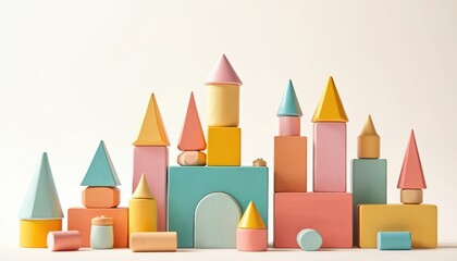 Obraz premium Colorful wooden toy blocks form whimsical castle structure. Building shapes include cubes, cones, cylinders, arranged for creative play, child development. Pastel colors create playful learning