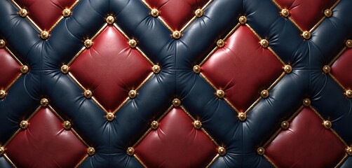 Fototapeta premium Red, blue leather upholstery with gold trim forms diamond patterns. Luxurious texture provides classic, regal feel. Rich material suggests comfort, high-end design. Use plush material for backgrounds.