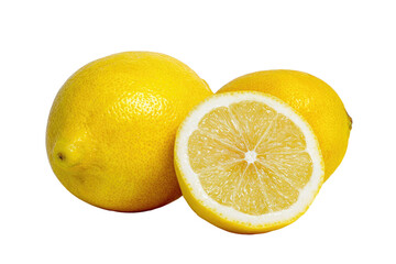 Three bright yellow lemons, one halved, against black