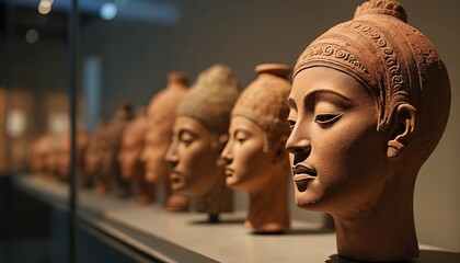 Terracotta heads line a museum shelf, showcasing ancient faces in profile. These sculptures represent historical figures and cultural heritage from past civilizations and their artistry.