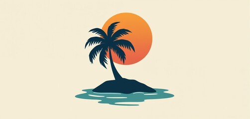 Minimalist illustration shows tropical palm tree on island with sun setting over calm ocean water. Simple modern design for vacation and travel themes.