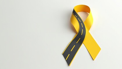 Yellow ribbon symbolizes road safety and life preservation. Roadway with stripes curves into ribbon shape. Awareness campaign concept for safe driving and traffic rules.