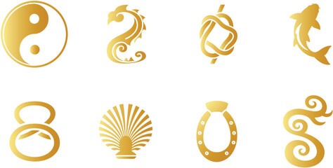 Golden Symbols of Yin Yang Dragon Knot Koi Fish Shell Horseshoe and Abstract Design Elements on White Background