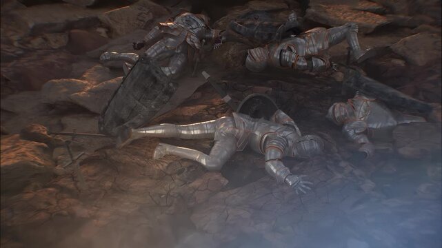 medieval battlefield, defeated warriors, knights at the end of the battle, 3D render