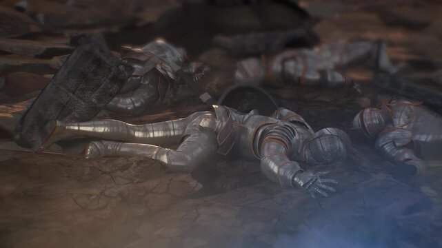 medieval battlefield, defeated warriors, knights at the end of the battle, 3D render