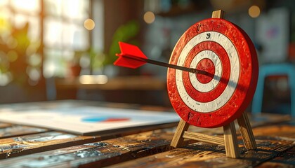 Arrow hits bullseye of a target, on a wooden table, achievement concept