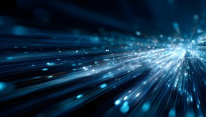 Abstract depiction of vibrant blue light streaks and glowing particles emanating from a central point creating a sense of rapid motion and futuristic energy flow