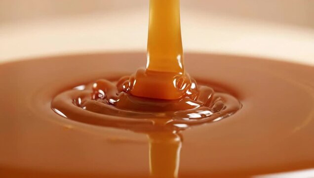 Delicious caramel sauce pouring into a bowl creating a sweet treat.