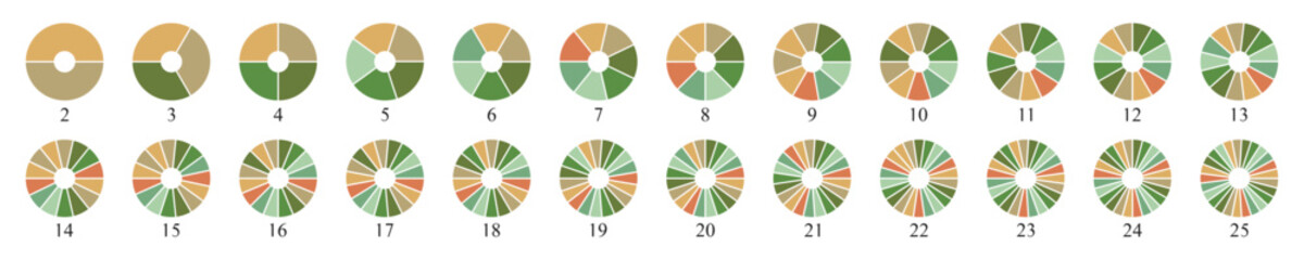 Circle pie chart diagram. Pie chart color icons. Colorful diagram collection with 2, 3, 4, 5, 6, 7, 8, 9, 10, 11, 12, 13, 14, 15, 16, 17, 18, 19, 20, 21, 22, 23, 25 segment infographic pie chart icons