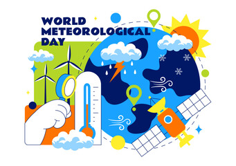 World Meteorological Day Vector Illustration on March 23 Featuring Earth Map Meteorological Science Weather Research Flat Style Background