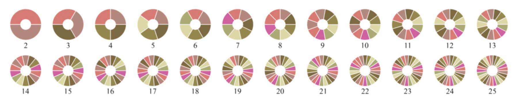 Circle pie chart diagram. Pie chart color icons. Colorful diagram collection with 2, 3, 4, 5, 6, 7, 8, 9, 10, 11, 12, 13, 14, 15, 16, 17, 18, 19, 20, 21, 22, 23, 25 segment infographic pie chart icons
