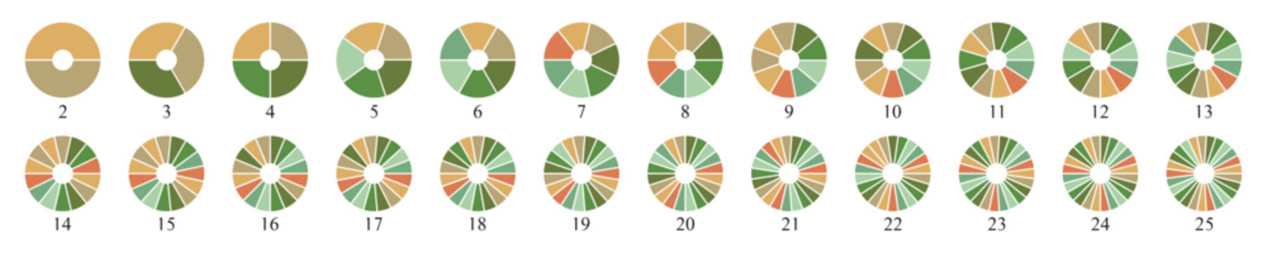 Circle pie chart diagram. Pie chart color icons. Colorful diagram collection with 2, 3, 4, 5, 6, 7, 8, 9, 10, 11, 12, 13, 14, 15, 16, 17, 18, 19, 20, 21, 22, 23, 25 segment infographic pie chart icons