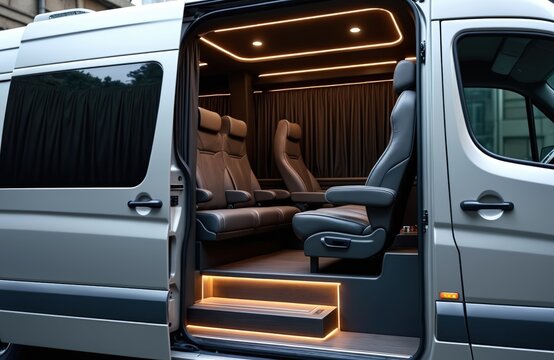 Luxury minibus interior features plush leather seats and ambient lighting. Custom van conversion offers executive travel comfort. Passengers enjoy private, stylish journey inside this modern vehicle.