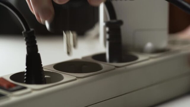 Male hand puts Electrical plug in outlet at home. Outlet. electric plug. Power cable