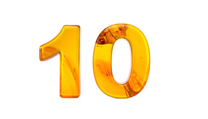 Digit "10" rendered in a glossy, amber-toned style, set against a stark black background. The numbers exhibit a vibrant, translucent quality