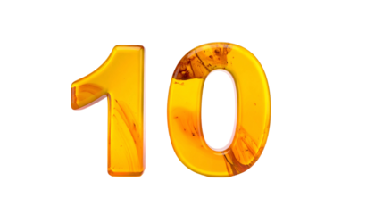 Digit "10" rendered in a glossy, amber-toned style, set against a stark black background. The numbers exhibit a vibrant, translucent quality