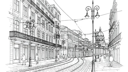 Fototapeta premium Classic european city street with historical buildings and street lamps sketch