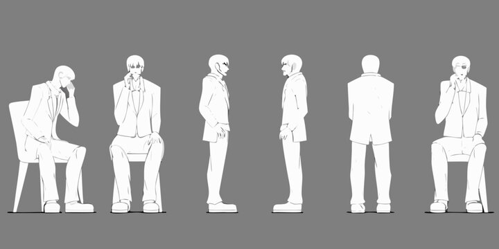 A series of monochrome illustrations depicting a man in various seated poses
