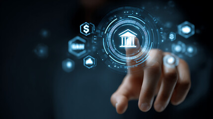 Finger touching glowing digital interface with bank icon and financial symbols finance technology