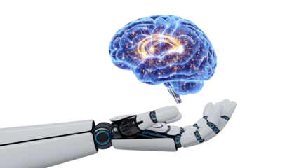 Robot Hand Reaching Out with Artificial Intelligence Brain Concept