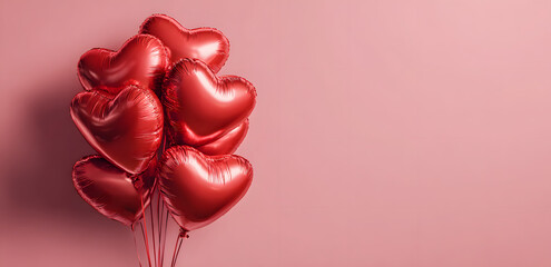 Red heart shaped balloons on pink background, flat lay with space for text. Saint Valentine's day celebration