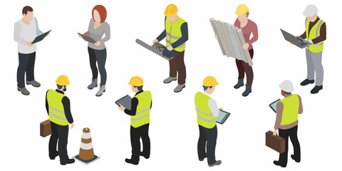 Isometric illustration of construction workers and professionals in various roles