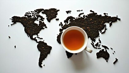 Tea leaves form a world map on white surface. A cup of amber tea sits near Asia. Global beverage concept. Healthy drink, geography and culture theme.