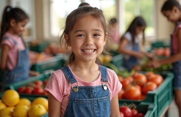 Smiling girl in denim overalls works at food bank sorting fresh produce. Children help with charity work in grocery store. Young volunteers pack food donations for community.