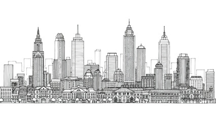 Obraz premium Linear composition of diverse modern and historical city buildings sketch