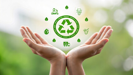 Climate adaptation strategy. Hands holding floating recycling icon with eco friendly symbols, promoting sustainability