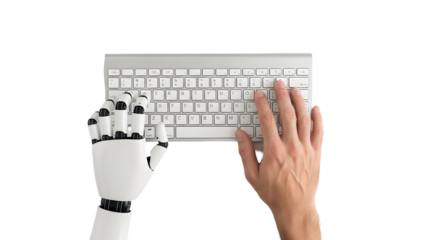 Robot hand and human hand collaborating on a keyboard task together in a modern workspace