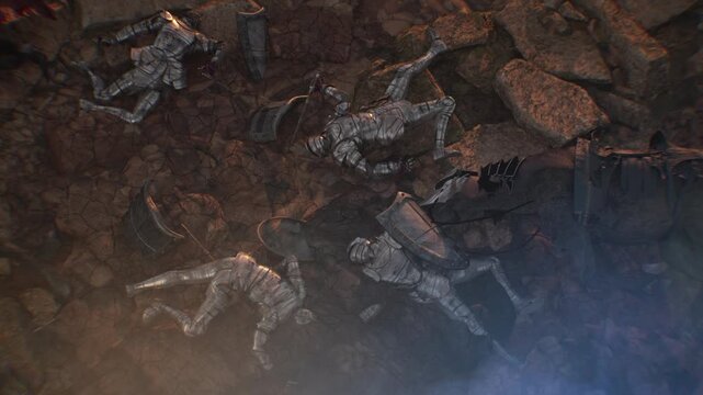 medieval battlefield, defeated warriors, knights at the end of the battle, 3D render